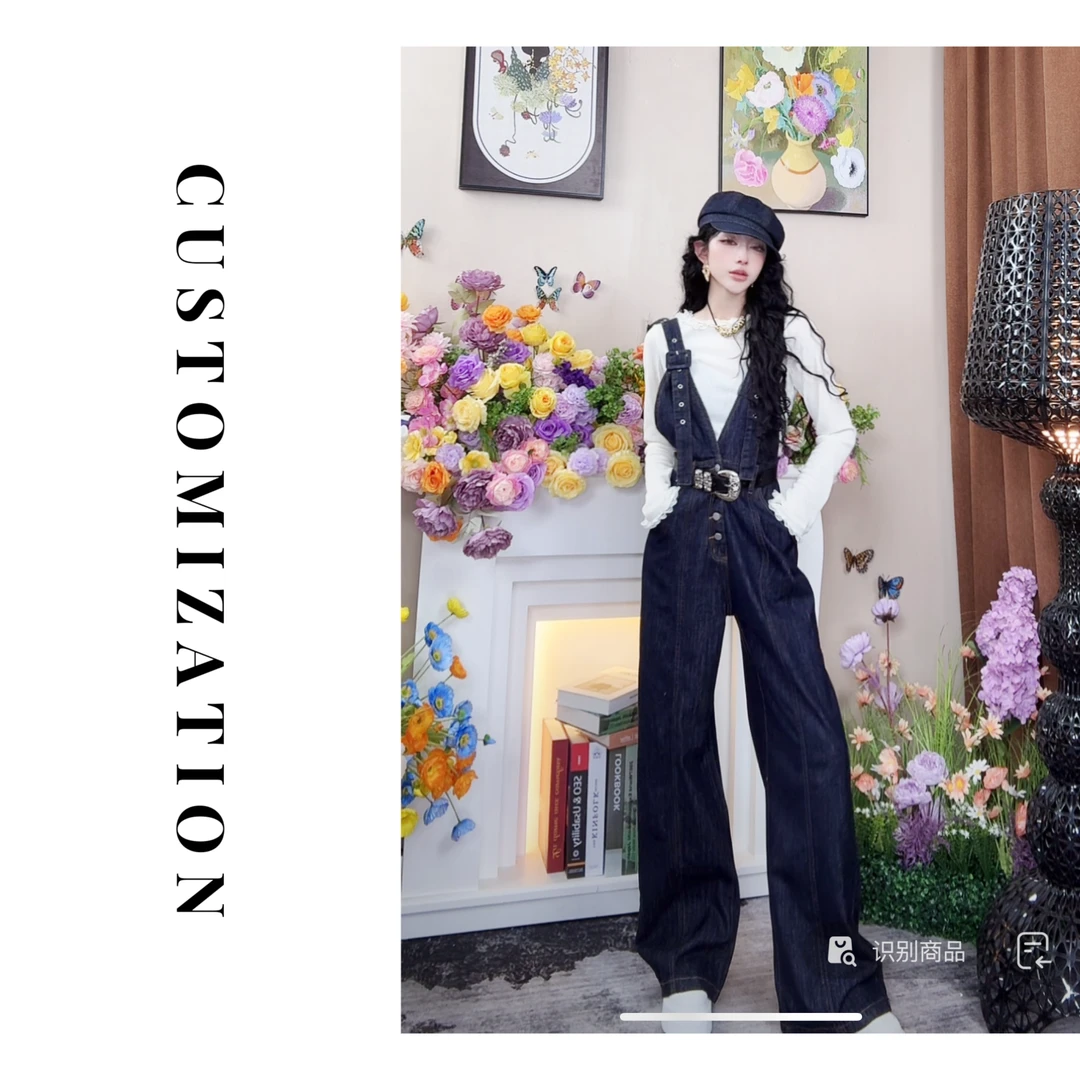 2025春季新品时尚休闲复古宽松三排扣潮牌牛仔连体裤