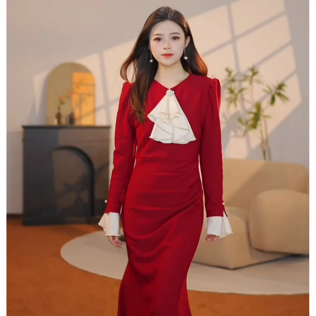 【罗曦】蝶舞轻纱 秋冬气质高级显瘦鱼尾摆端庄连衣裙-ZX723