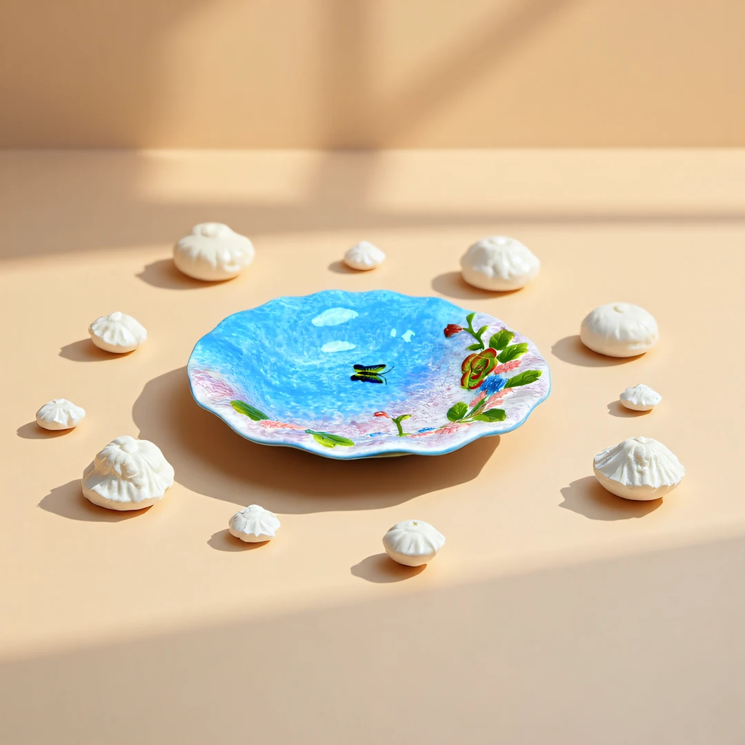 家用釉下彩陶瓷浮雕蝶恋花8英寸草帽菜盘点心盘