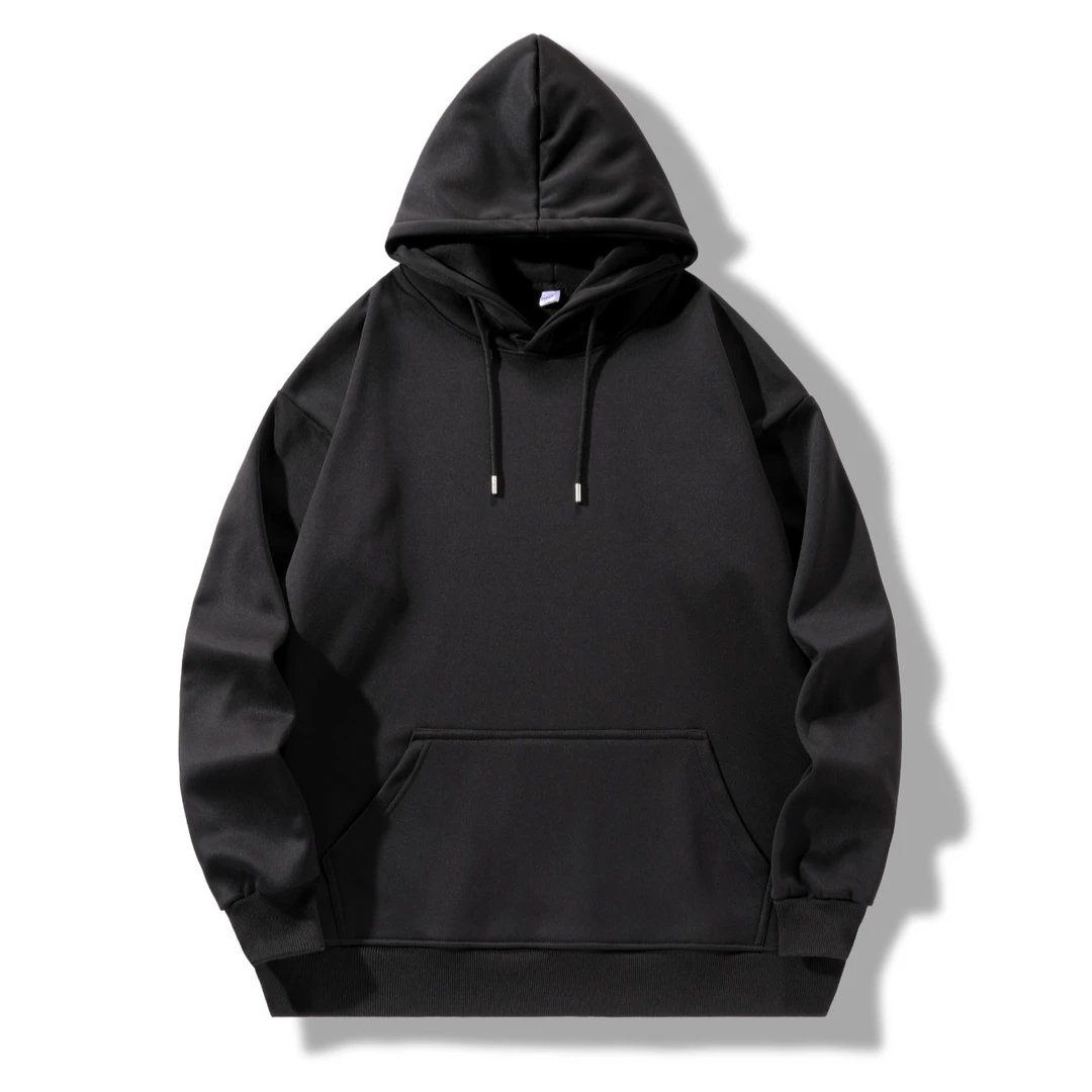 秋冬纯色连帽落肩卫衣简约运动长袖套头潮流宽松加绒上衣男装