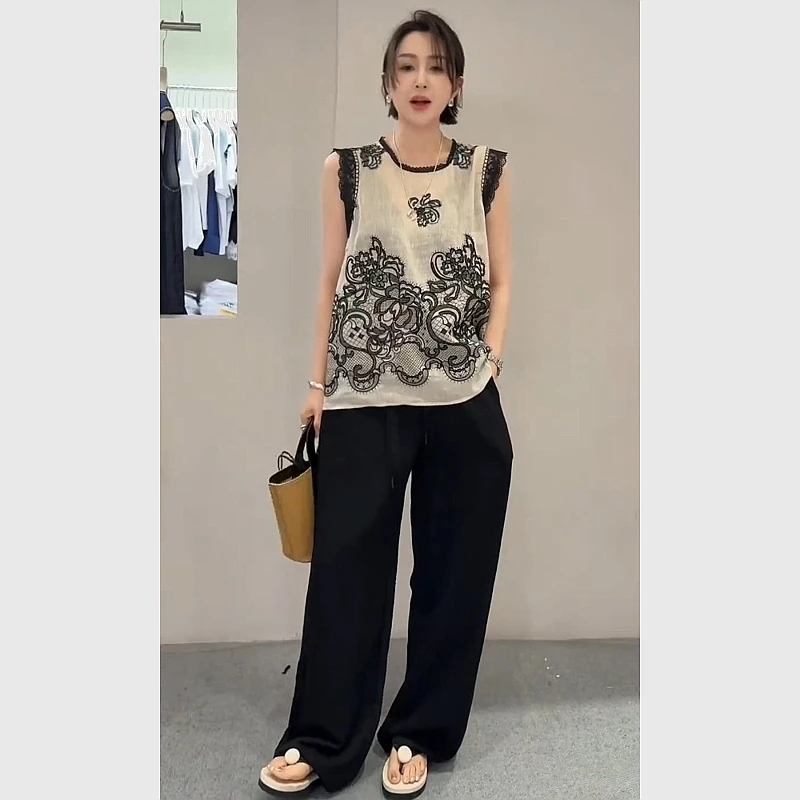 茶里茶气别致衬衫女夏季小众法式独特超好看亚麻飞袖黑色印花上衣