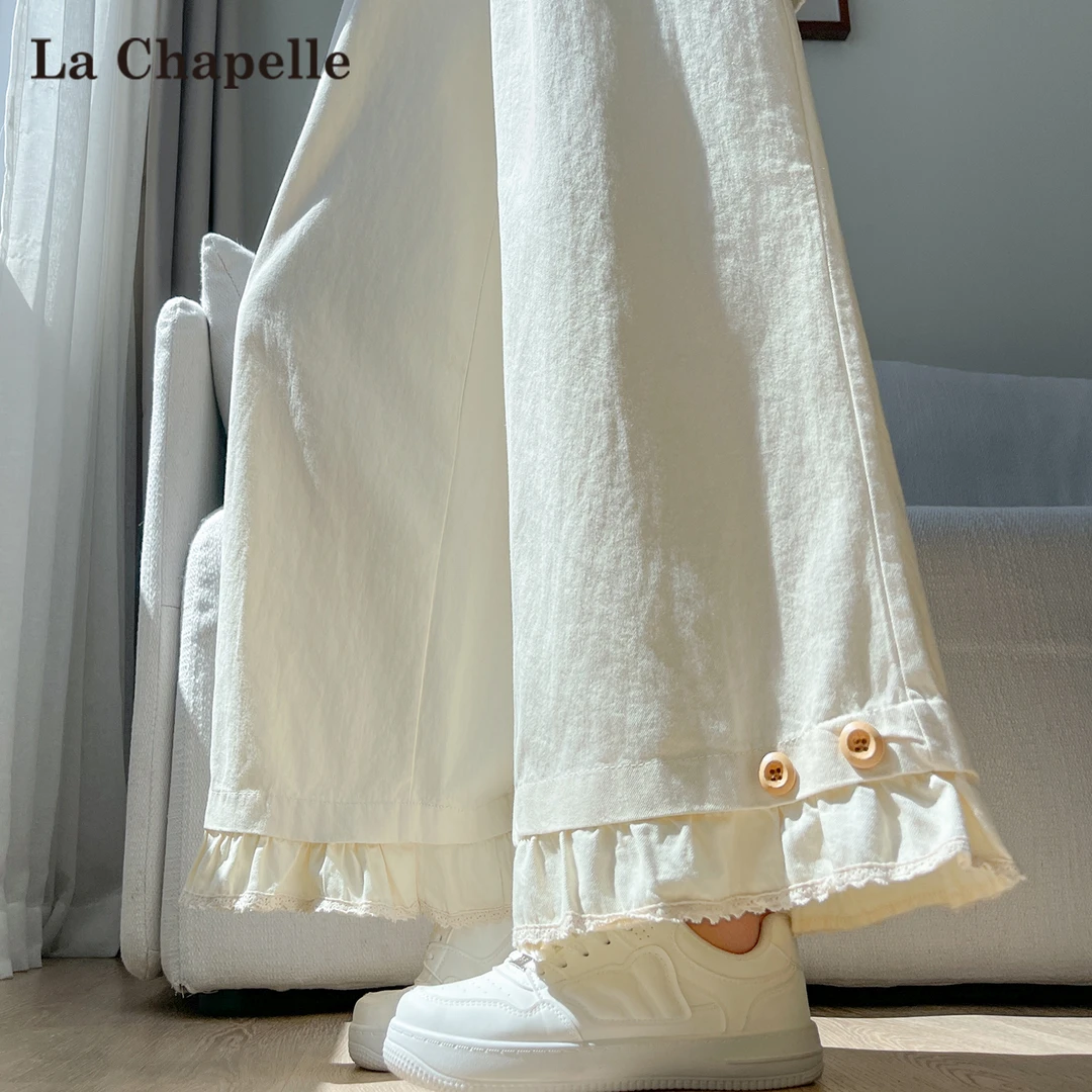 拉夏贝尔木耳拼接洗水棉阔腿裤女秋季宽松九分直筒显瘦高腰遮肉裤