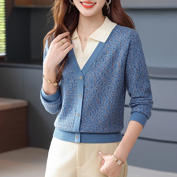 羊毛衫假两件翻领长袖毛针织衫洋气高档宽松显瘦上衣气质中年女装