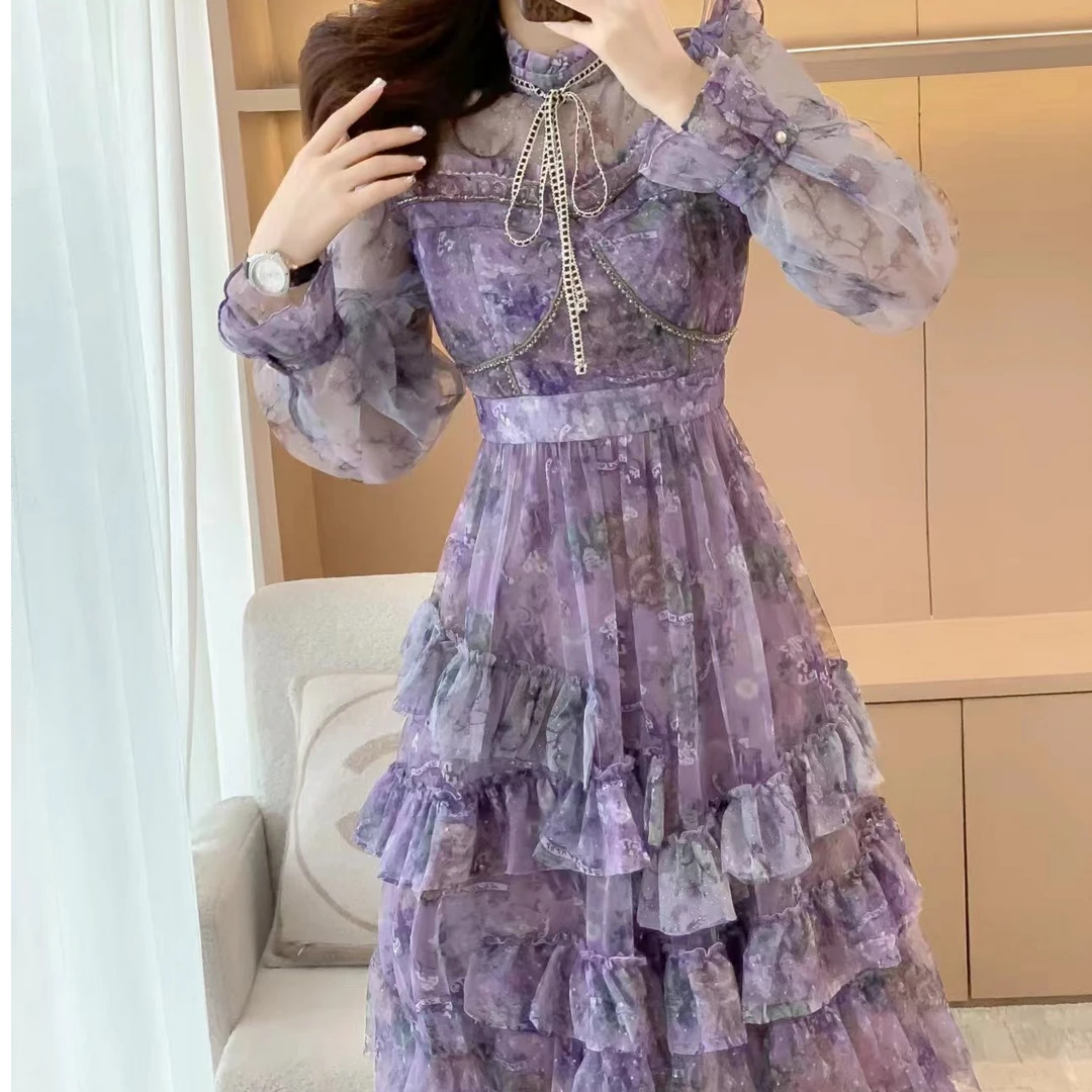 优雅高级感紫色蛋糕宫廷风重工连衣裙2023新款显瘦气质裙子