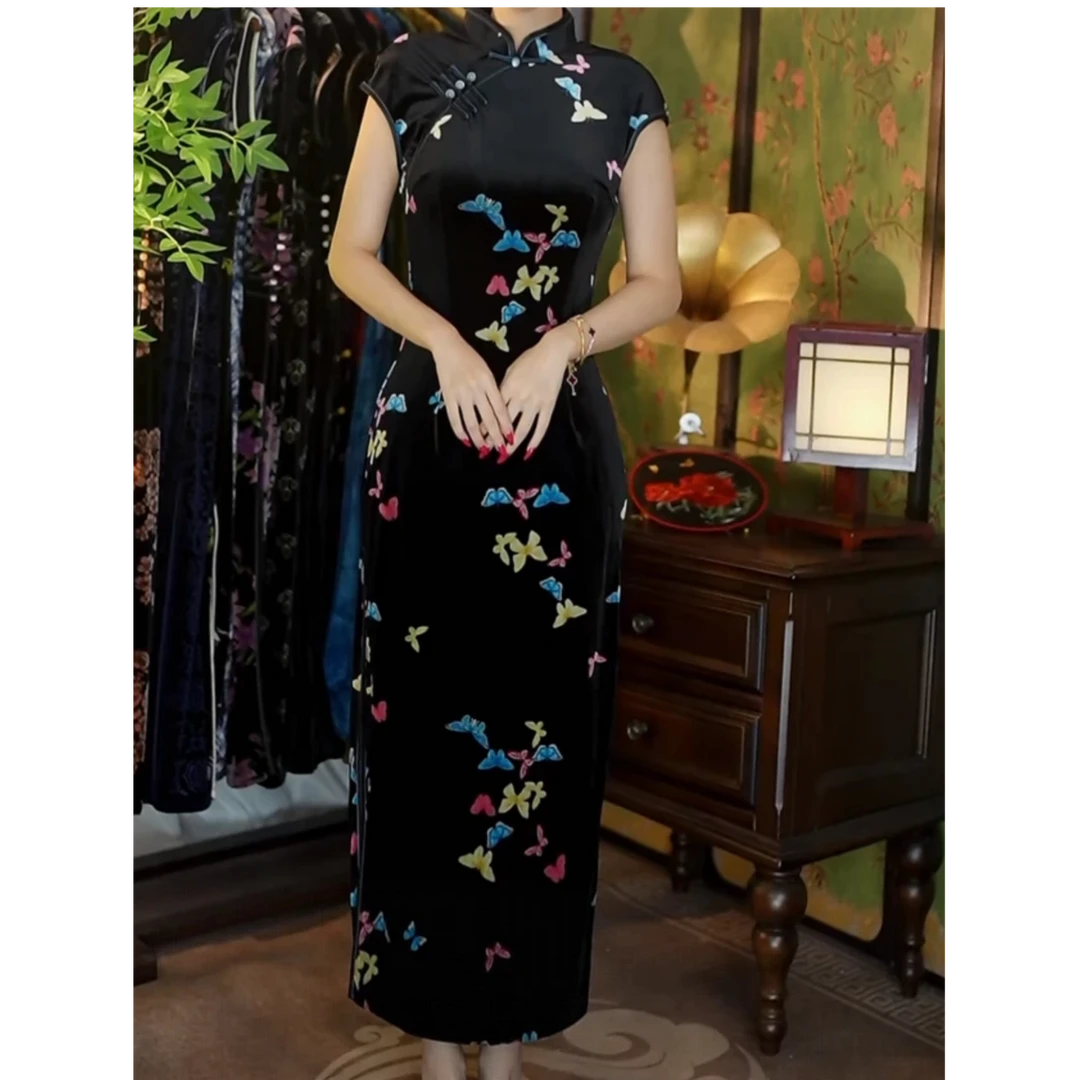 TYJ-Z丝绒七彩蝴蝶印花收腰显瘦旗袍