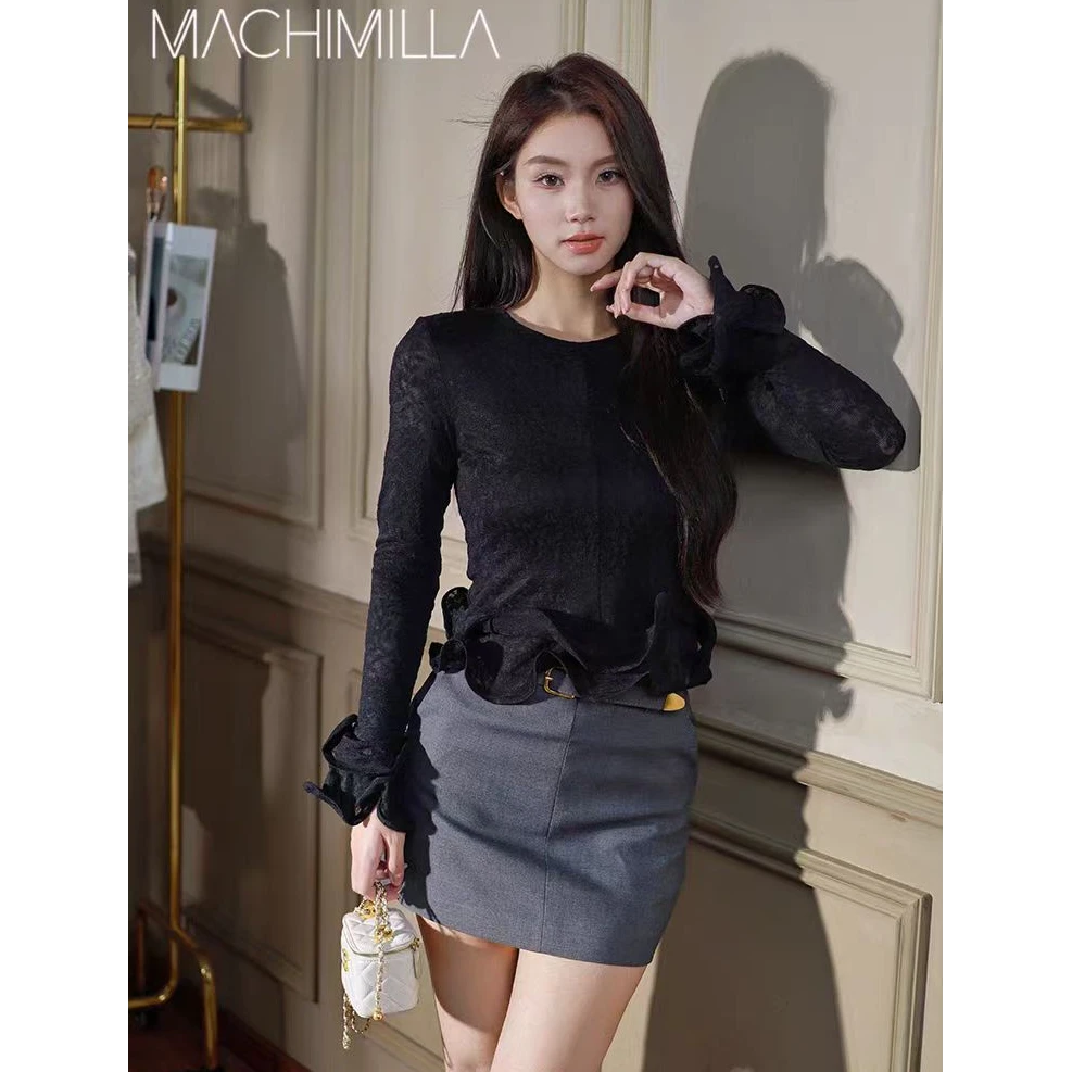 5261新款法式宫廷风提花蕾丝荷叶袖口显瘦圆领上衣女内搭打底衫