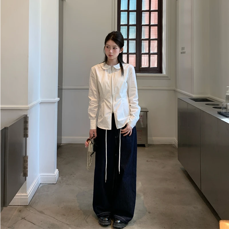 【OPENING自制】甜酷少女 韩系娃娃领收腰显瘦白色衬衫