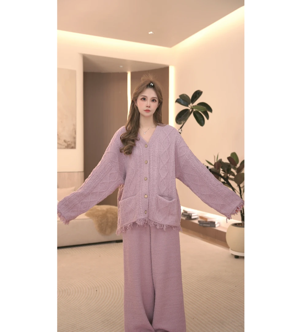 DM【紫韵】高定时尚软绵绵半边绒冬季加厚家居服套装