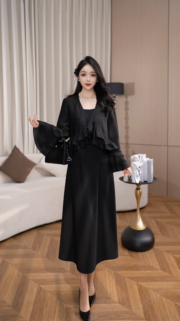 DYD8061 黑色连衣裙套装秋季新款显瘦遮肉套装轻奢时尚女装