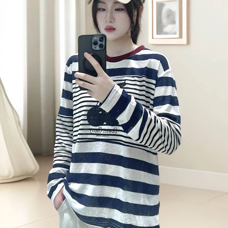 欧洲站2025早秋新款时尚百搭条纹长袖T恤女宽松显瘦休闲打底上衣