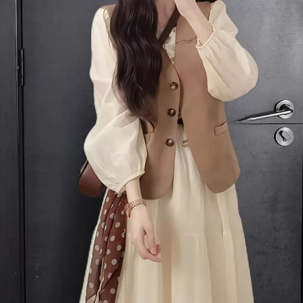 秋季叠穿马甲连衣裙韩系美拉德时尚高级套装女5963