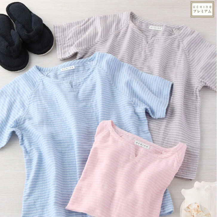 UCHINO/内野棉花糖三重纱横条纹男士上衣休闲夏季