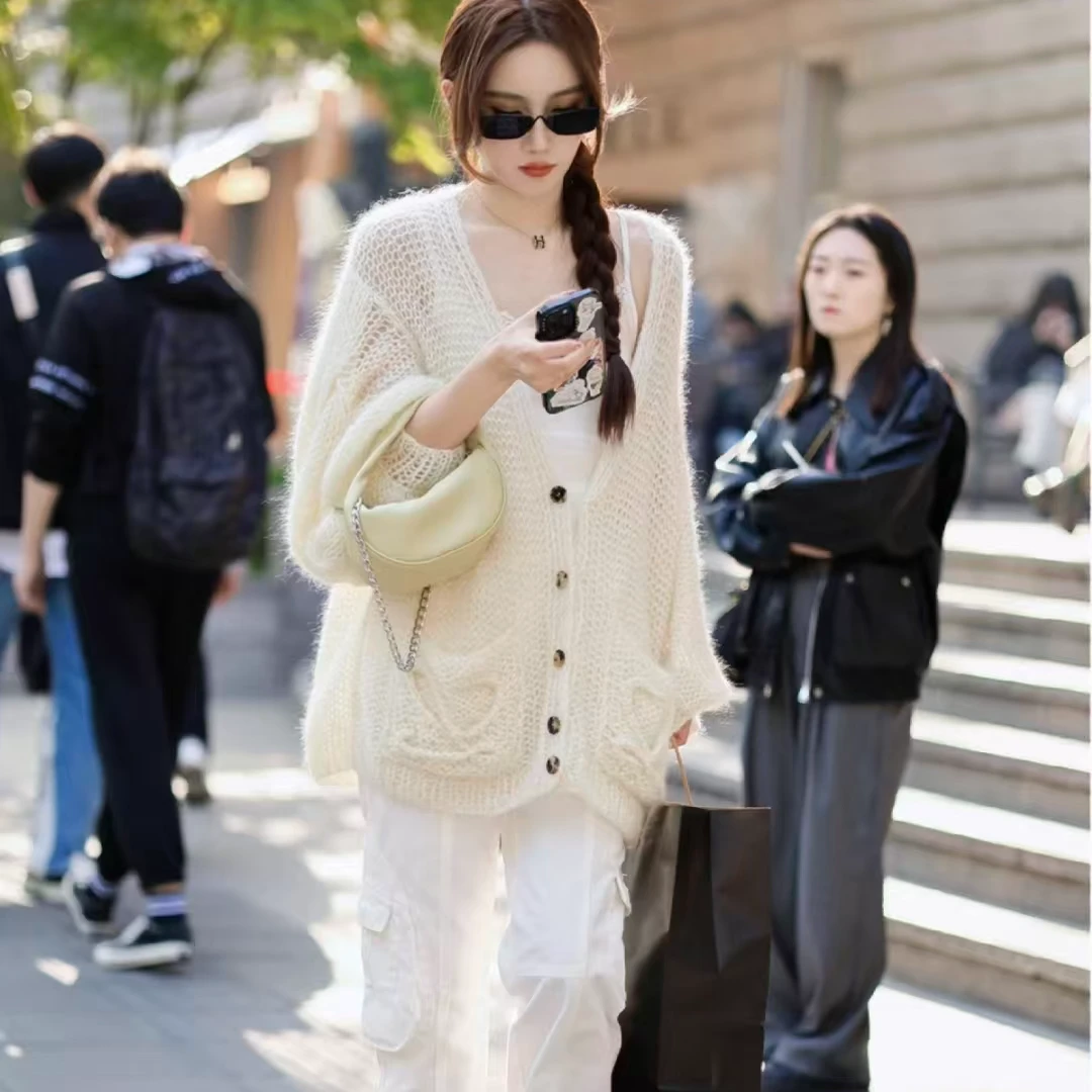 未使用 LOEWE/罗意威 Loewe 纯色单排扣V领宽松休闲针织衫 米色S