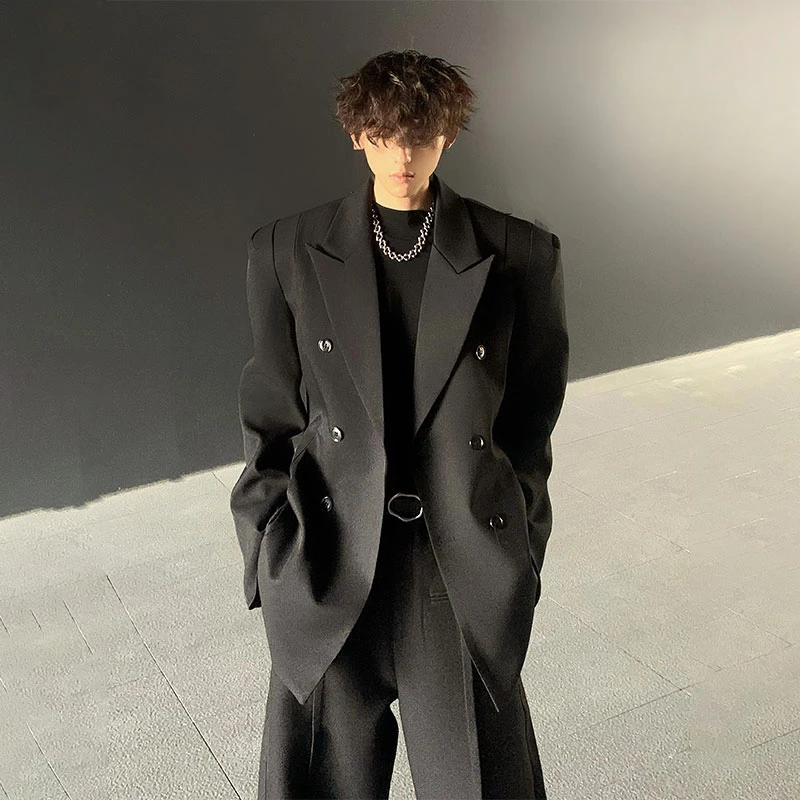 HANY小众高级感高定收腰垫肩西装外套男韩系廓形多排扣黑色西服男