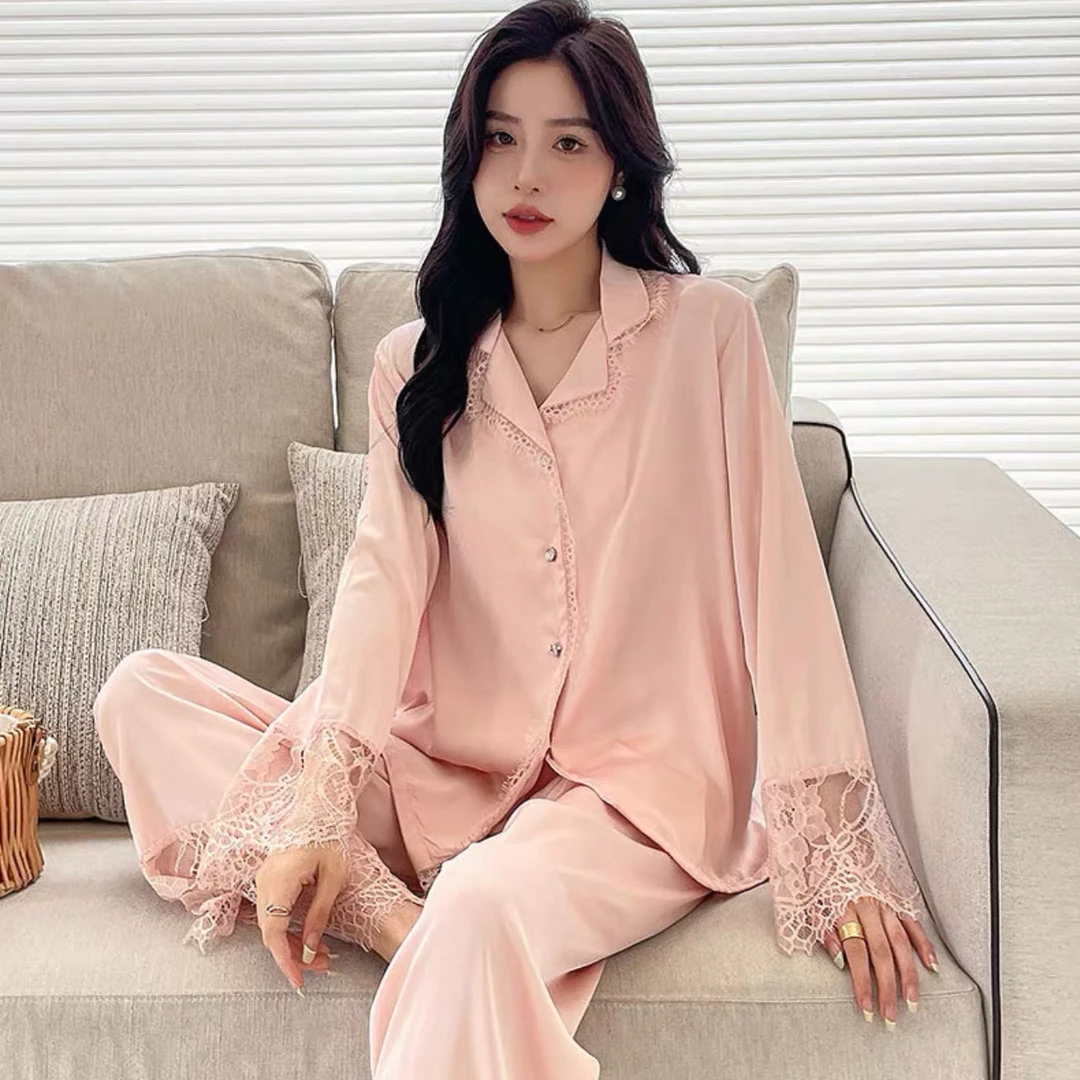达芬奇密码2026年春夏新款柔粉蕾丝长袖睡衣女轻奢时尚家居服套装