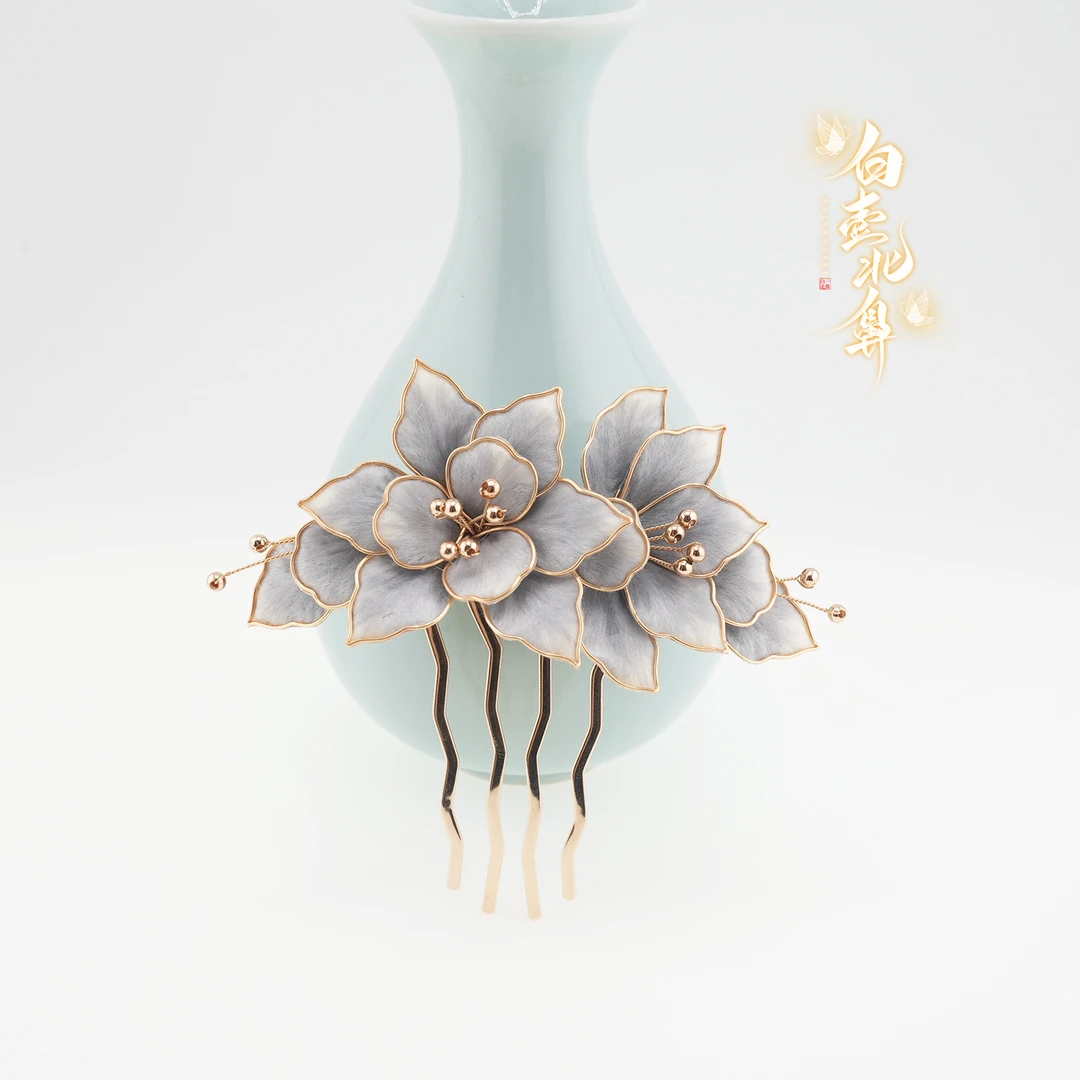 白壹北鼻【赤墨发梳】手工原创非遗绒花新中式汉服国风古风发饰