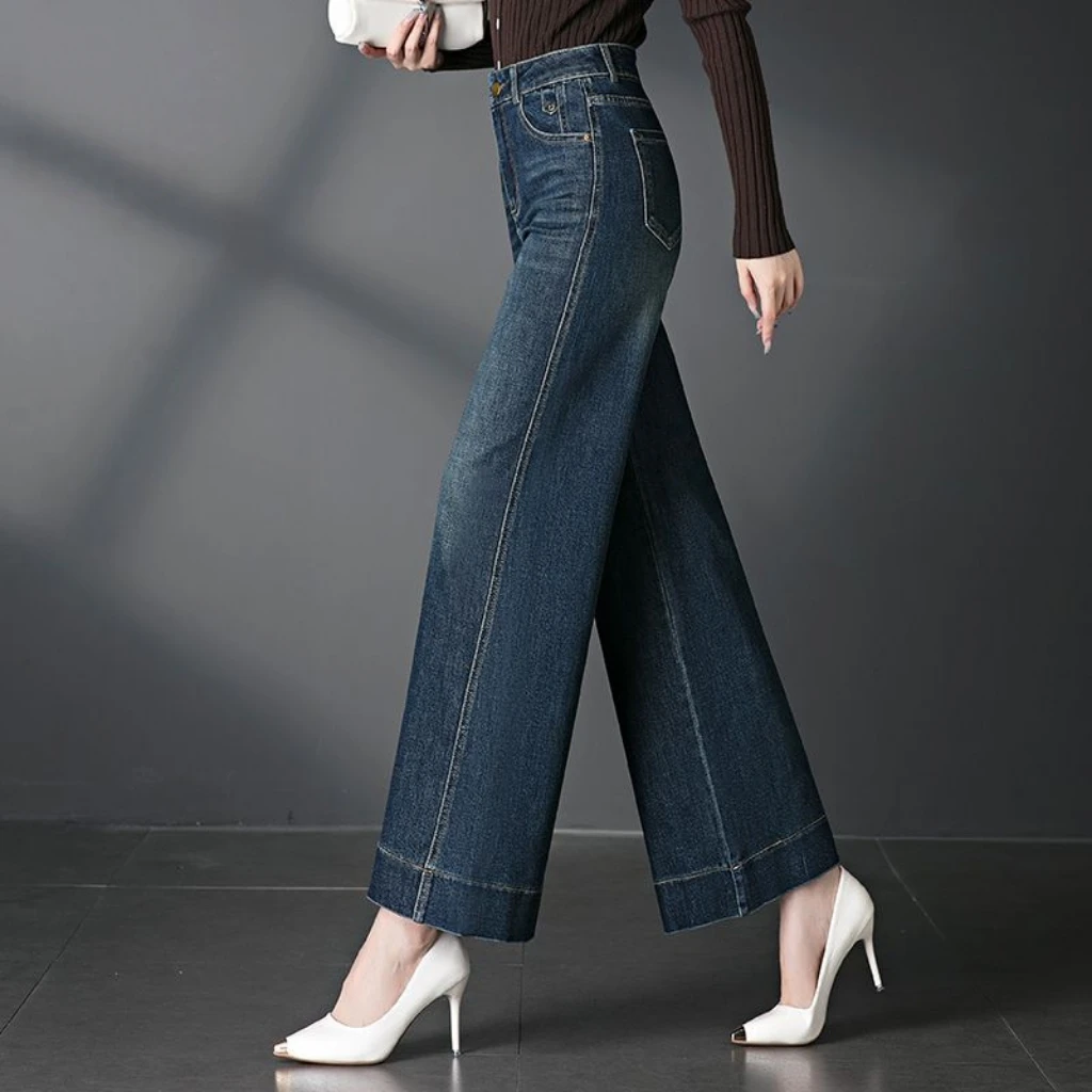 阔腿牛仔裤女2025新款春秋季新款高腰弹力女士中年妈妈直筒长裤子