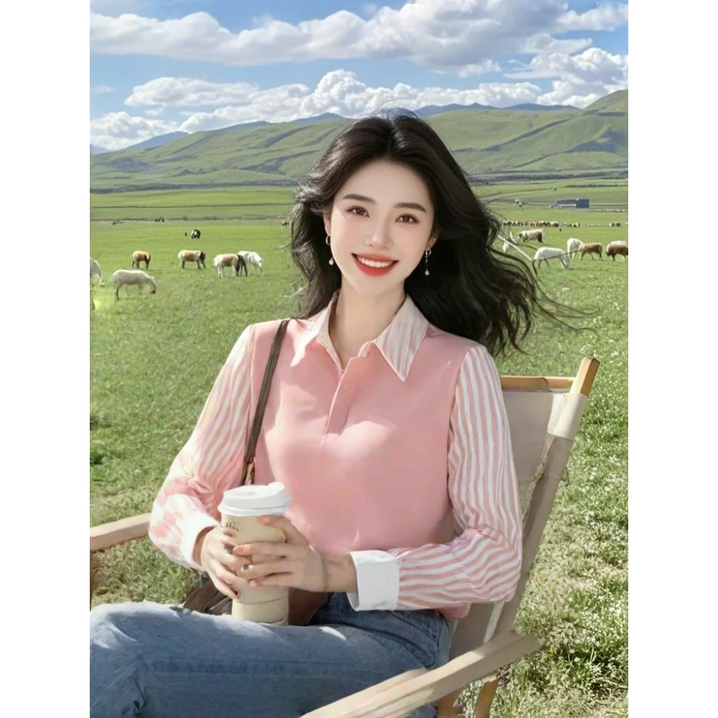 粉色条纹假两件衬衫女2025年早春新款减龄马甲拼接内搭polo领上衣