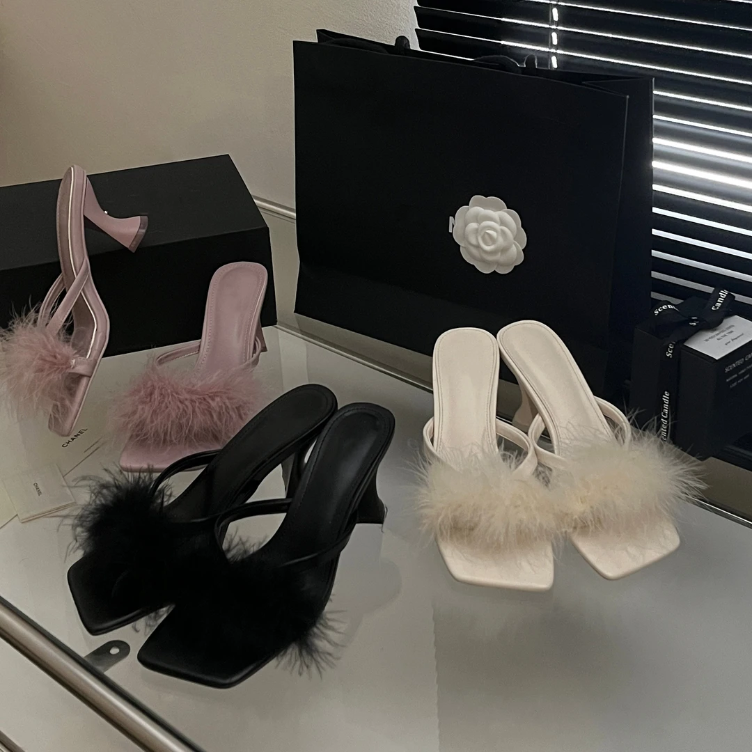 休闲风细跟羽毛一字拖2025年春季新款方头高跟鞋温柔风百搭毛毛拖