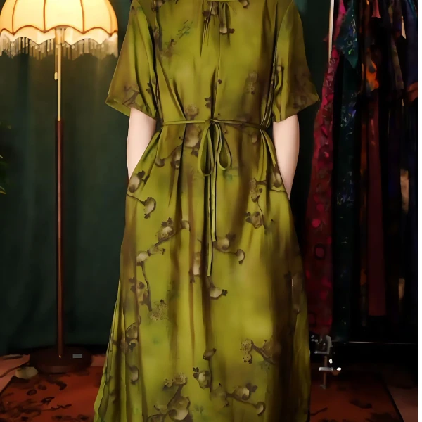 荡漾新款国风绢纺老料连衣裙大气复古夏季女士显瘦