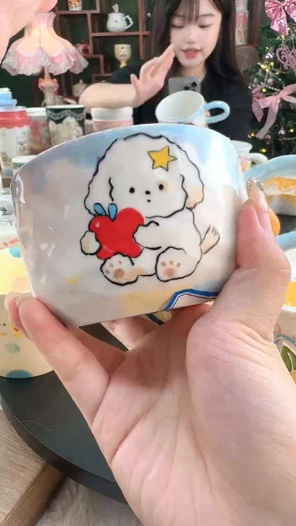 106高温陶瓷釉下彩 手作玉泥 苹果小狗杯子