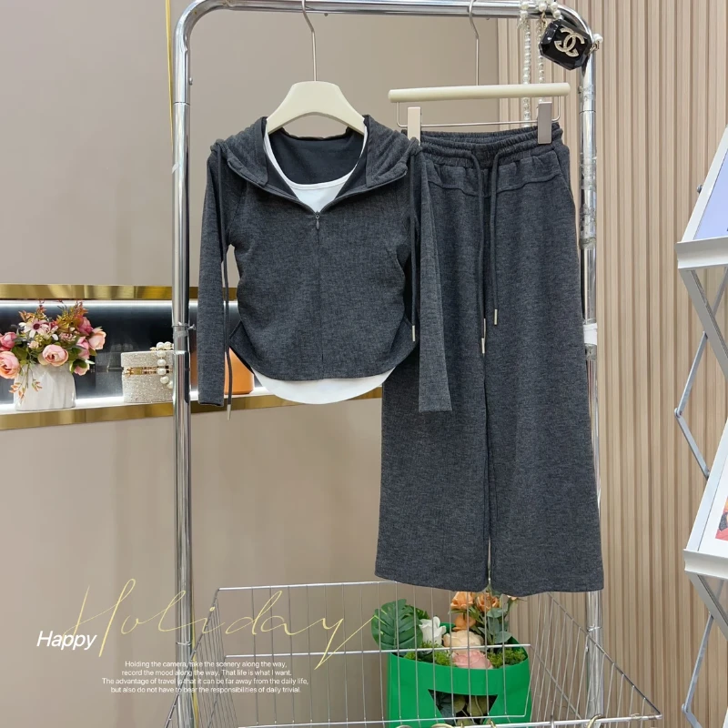 韩版女童洋气假两件连帽长袖上衣套装春秋新款糯米直筒裤两件套潮