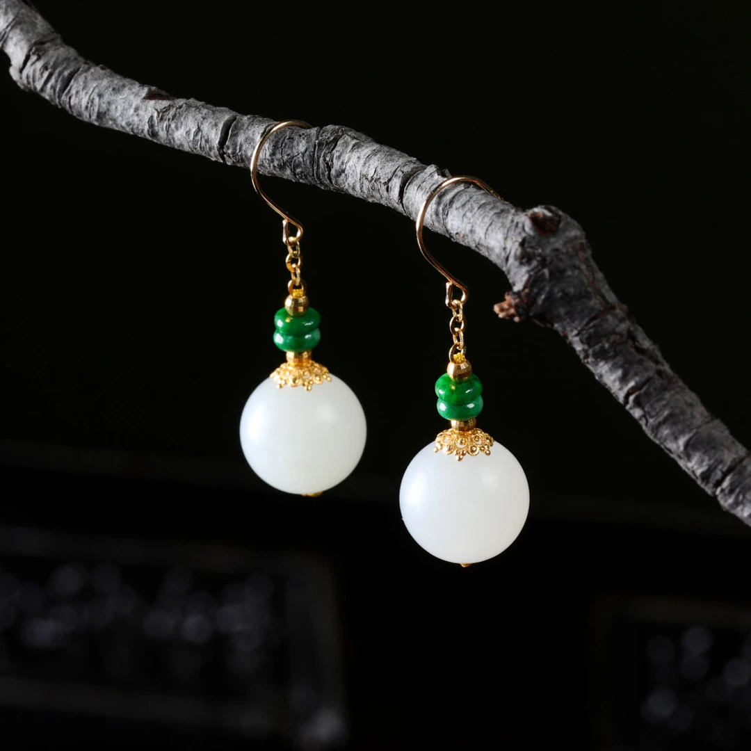 【意婵】《屿石》10mm天然高品和田玉羊脂白玉耳饰老翡翠18K金-913275