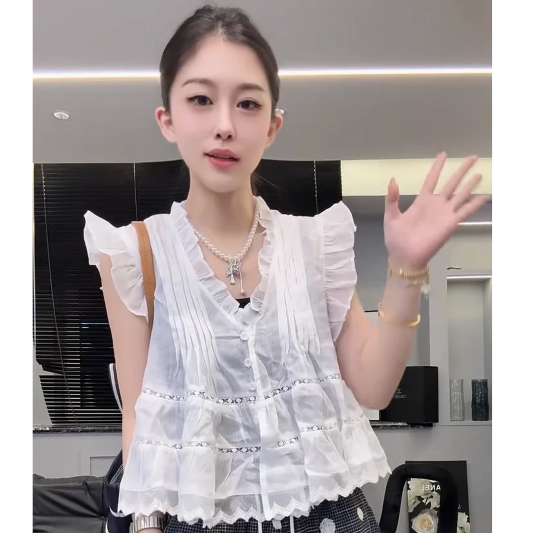 夏季飞飞袖亚麻衫小个子女生短款v领半透明木耳边洋气百搭T恤衫