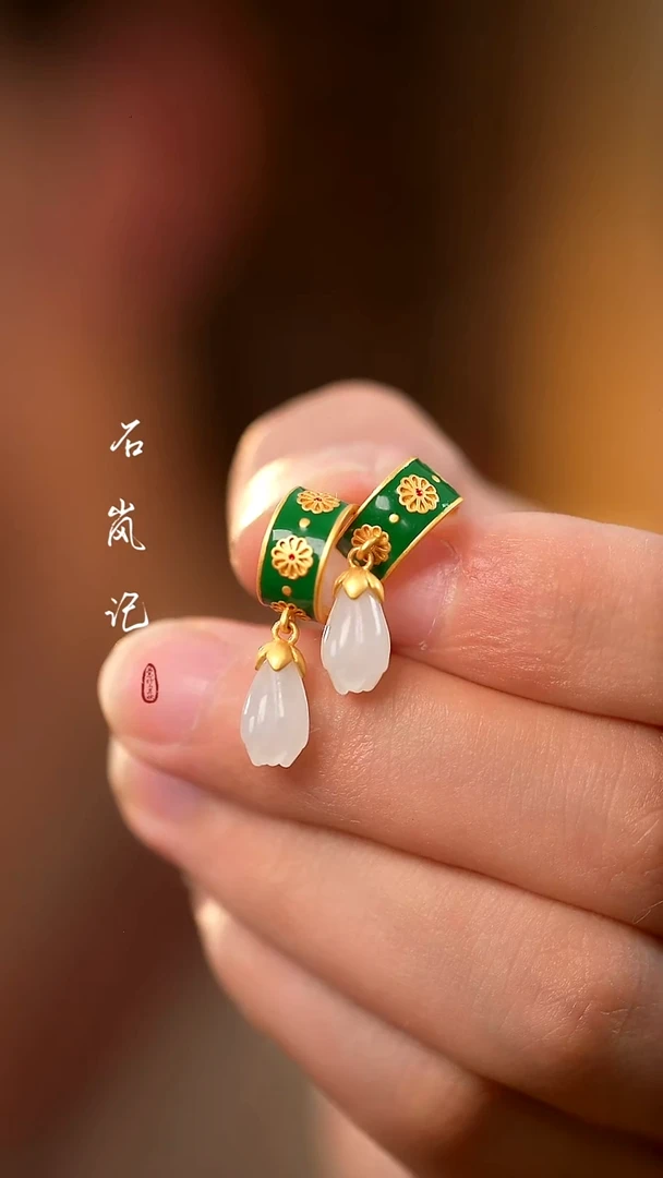 银S925镶嵌和田玉耳饰天然