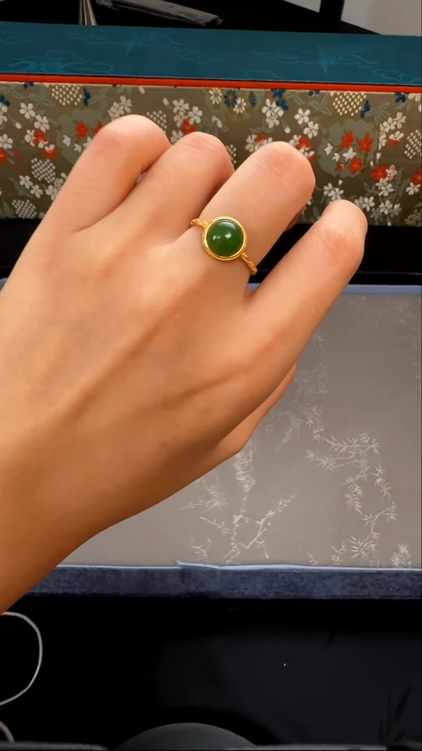 银S925镶嵌戒指和田玉和田玉碧玉银镶戒指可调节