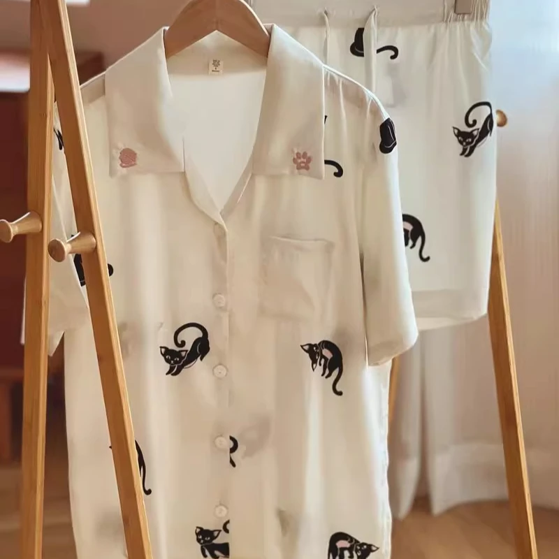 春夏短袖短裤裤夏季透气睡衣家居服套装卡通春夏印花短裤白色轻奢