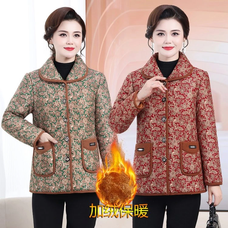 冬季新款时尚妈妈装加绒加厚短款印花保暖棉衣宽松显瘦气质女棉袄