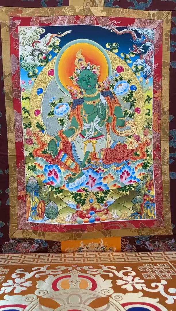 卷轴画矿物质喷绘  绿度母1.3m咖色龙布