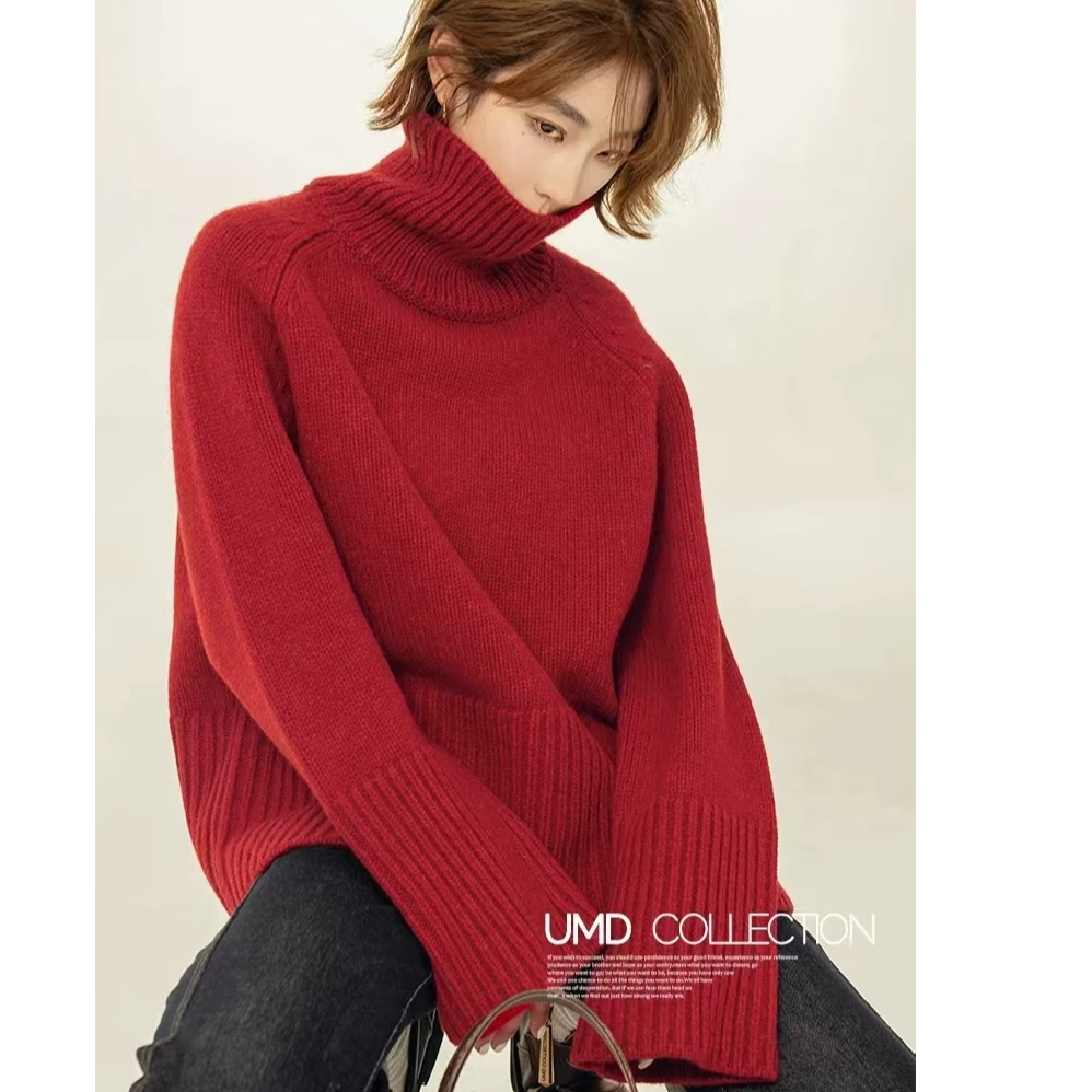 秋冬女高领羊毛衫网红宽松慵懒喇叭袖针织毛衣气质加厚保暖打底衫