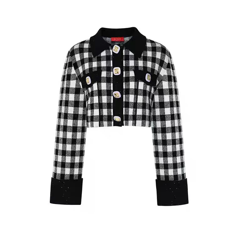 LeFame/拉飞姆2024年春季蝴蝶结黑白格子针织外套LF24C41ZC210