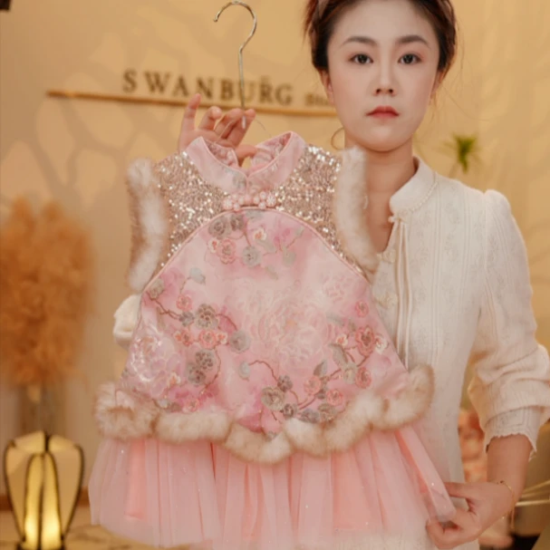 【Y.g9435】2025冬季新款套装裙女宝甜美加绒马甲连衣裙日常冬