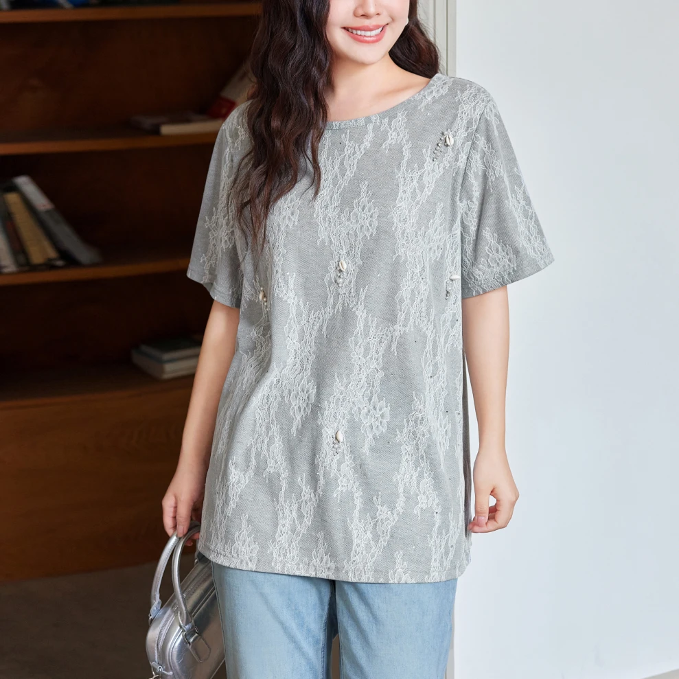 MsShe大码女装夏装洋气钉珠烫钻蕾丝短袖T恤上衣J~E2505018