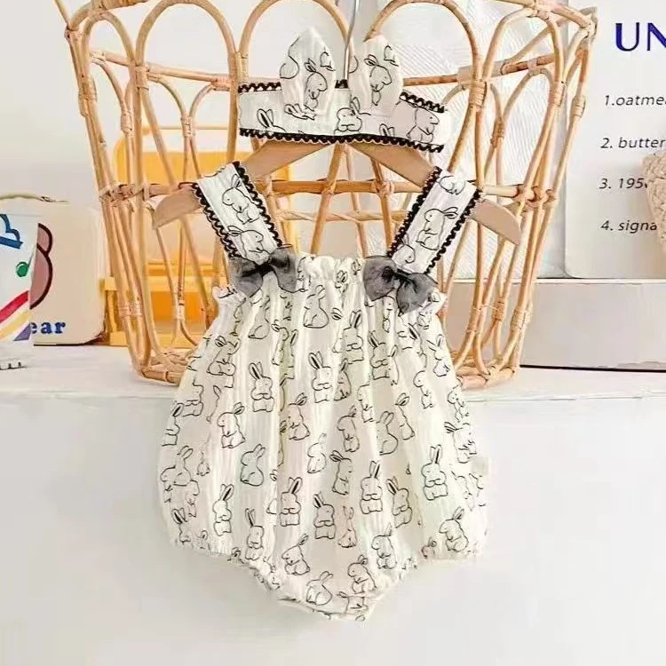 女夏季休闲风哈衣爬服连体衣吊带裙婴儿碎花纯棉纱布包屁衣