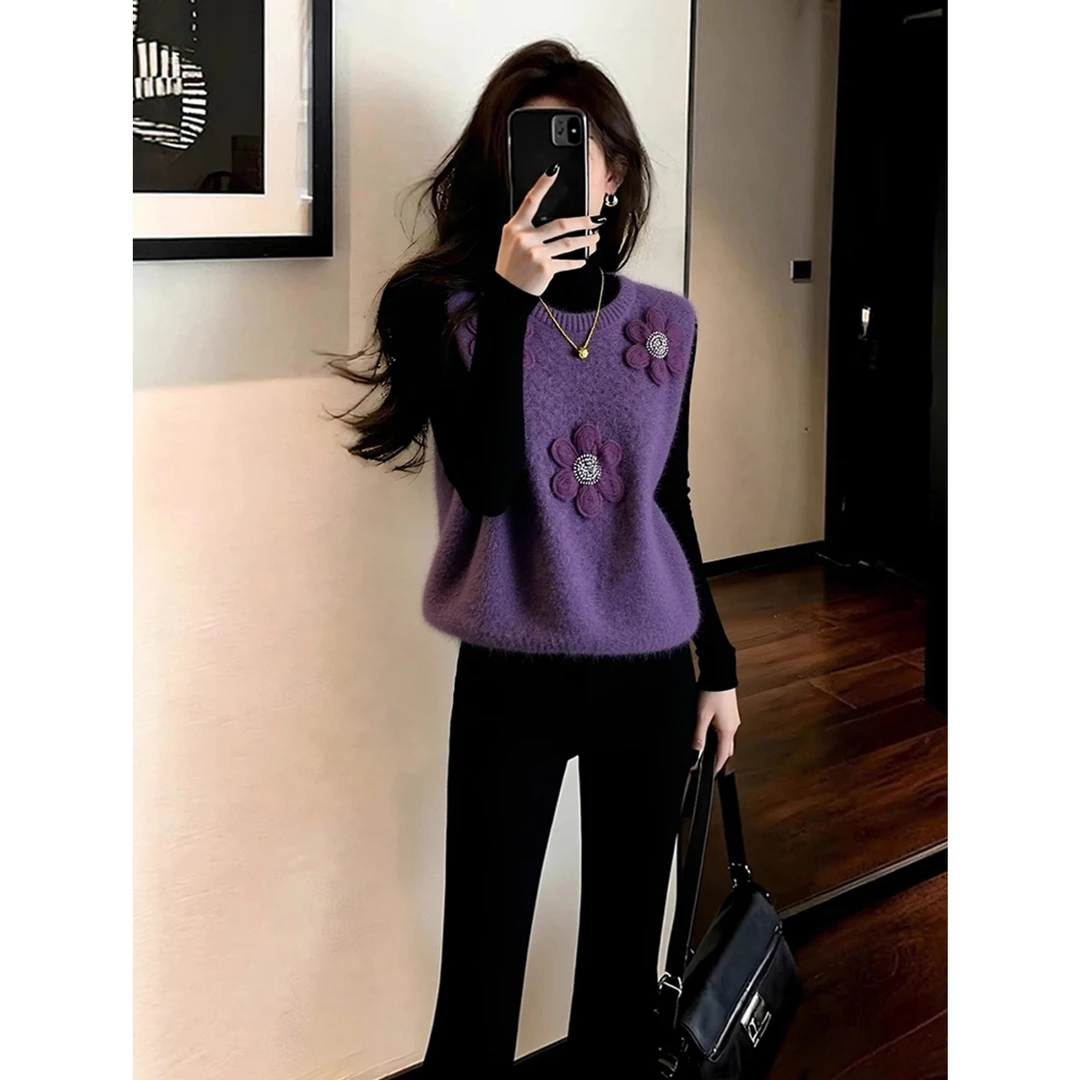 冬季韩系穿搭一整套轻熟小众宽松慵懒风紫色针织背心打底衫两件套