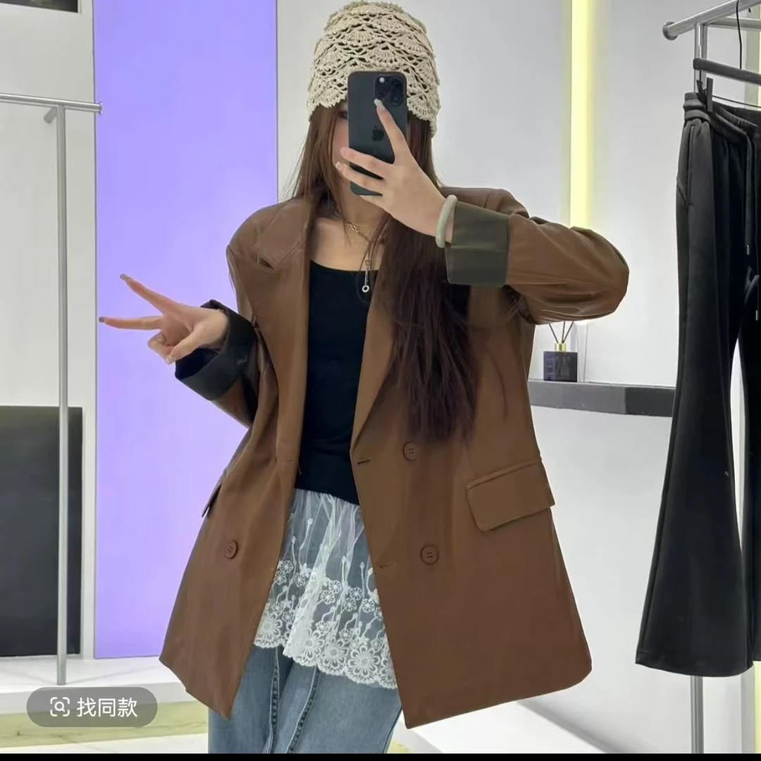 美拉德韩版小众气质百搭时尚休闲宽松拼接袖女皮衣