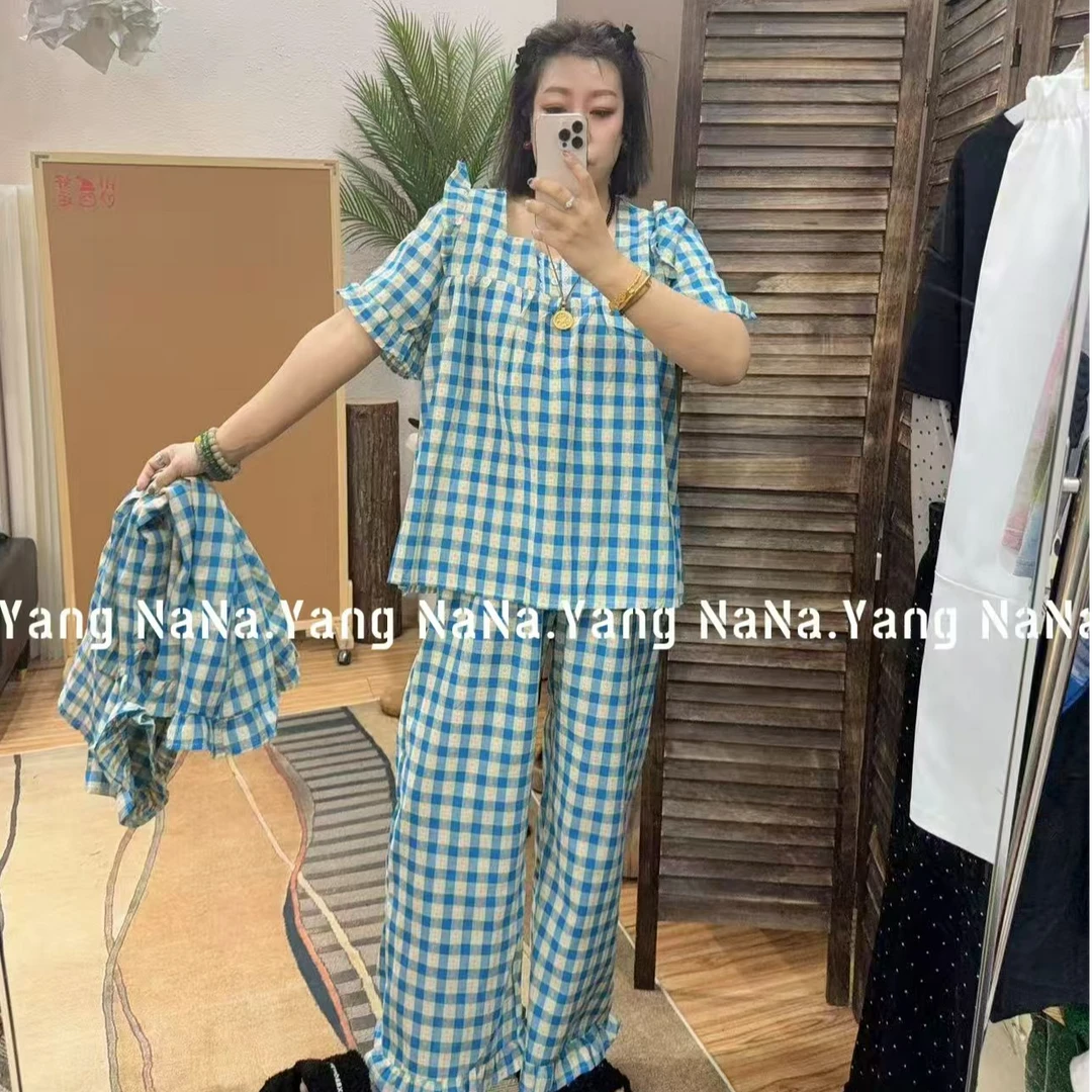 【早春穿搭】百搭大版外贸棉麻时尚潮流订单蓝格小花花家居服