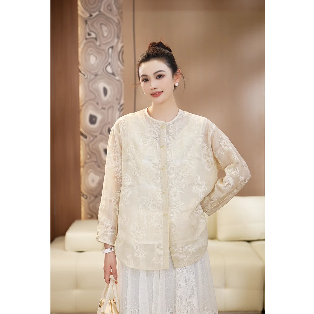 苎麻刺绣玉石扣衬衣蕾丝气质复古中式绣花长袖时尚圆领百搭法式