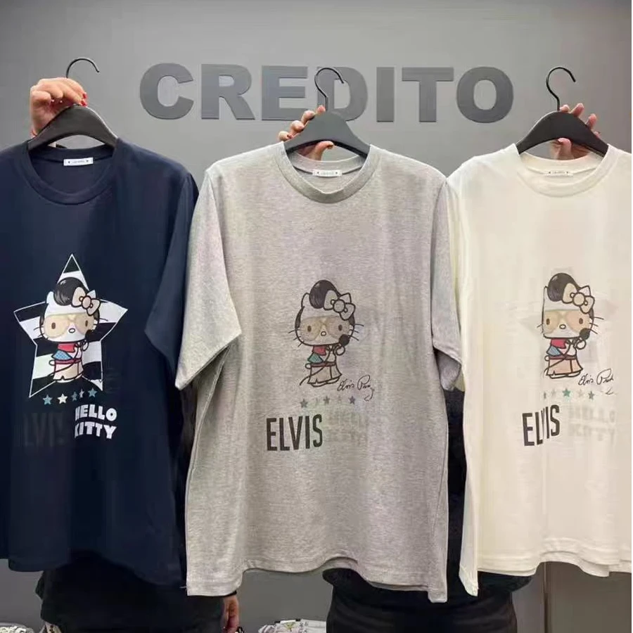现CREDITO韩国东大门代购2025春季新休闲宽松卡通猫咪印花短袖T恤