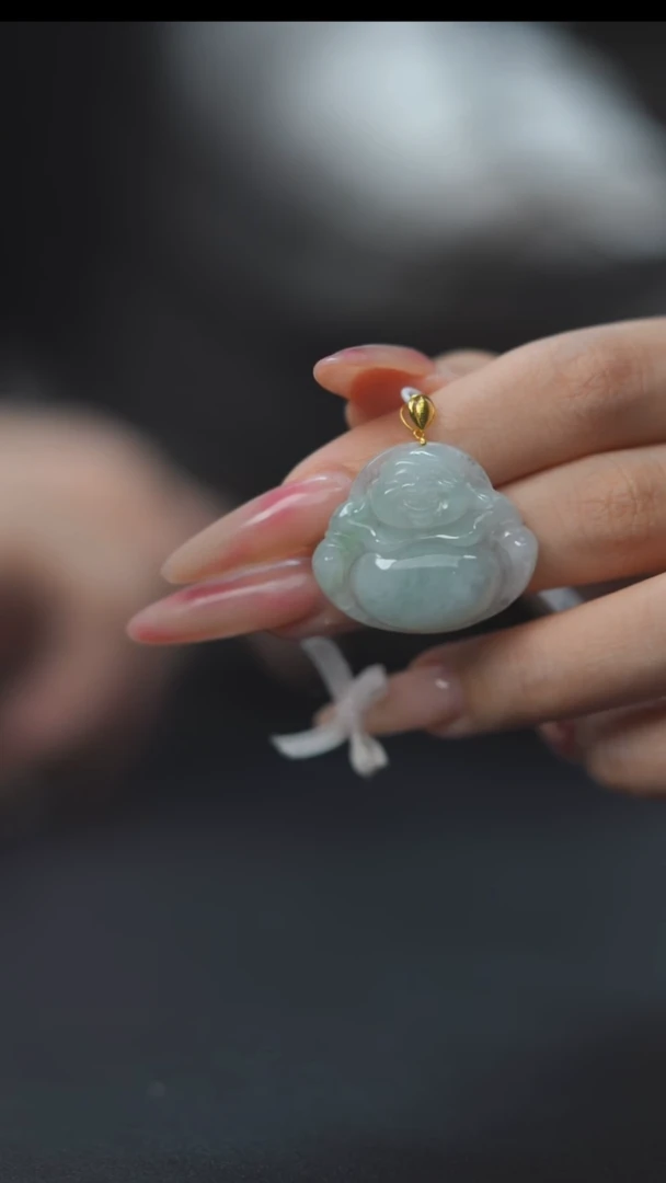 颈饰18K金镶嵌翡翠糯冰弥勒挂坠HQ170122