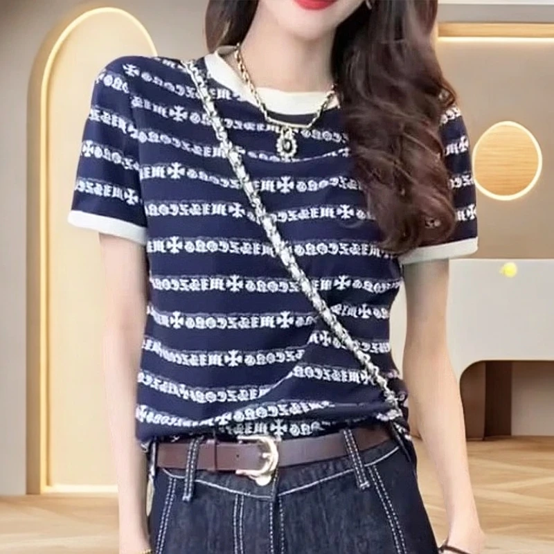 【纯棉】小众设计感撞色条纹短袖T恤女百搭休闲t恤女显瘦洋气衣服女