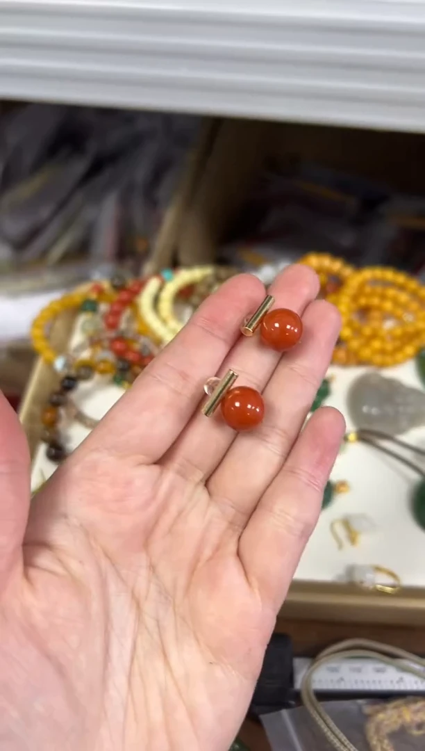 银S925镶嵌南红玛瑙耳饰孤品南红玛瑙圆珠银镶嵌耳钉[92]