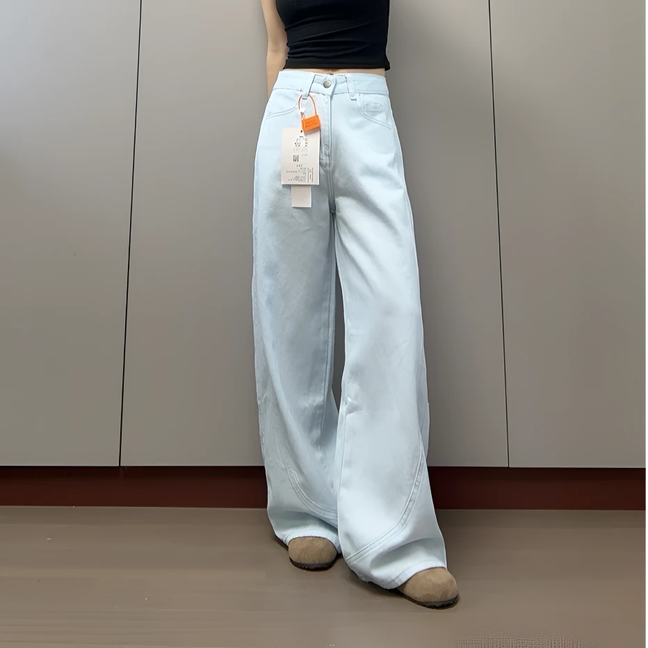 秋季新款设计感镰刀高腰宽松直筒阔腿牛仔裤白色女款爆款2025新款