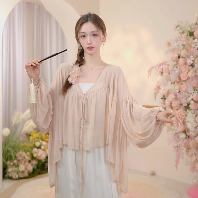 3590 D舞蹈服成人女V领灯笼袖上衣形体练功跳舞专用古典日常显瘦