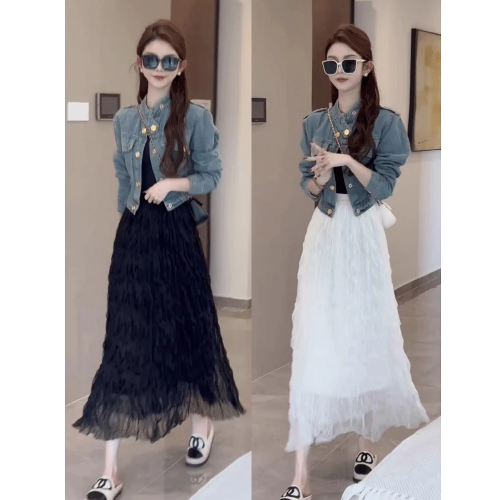 今年流行漂亮裙子套装女2025新款秋季洋气牛仔短外套配网纱半身裙