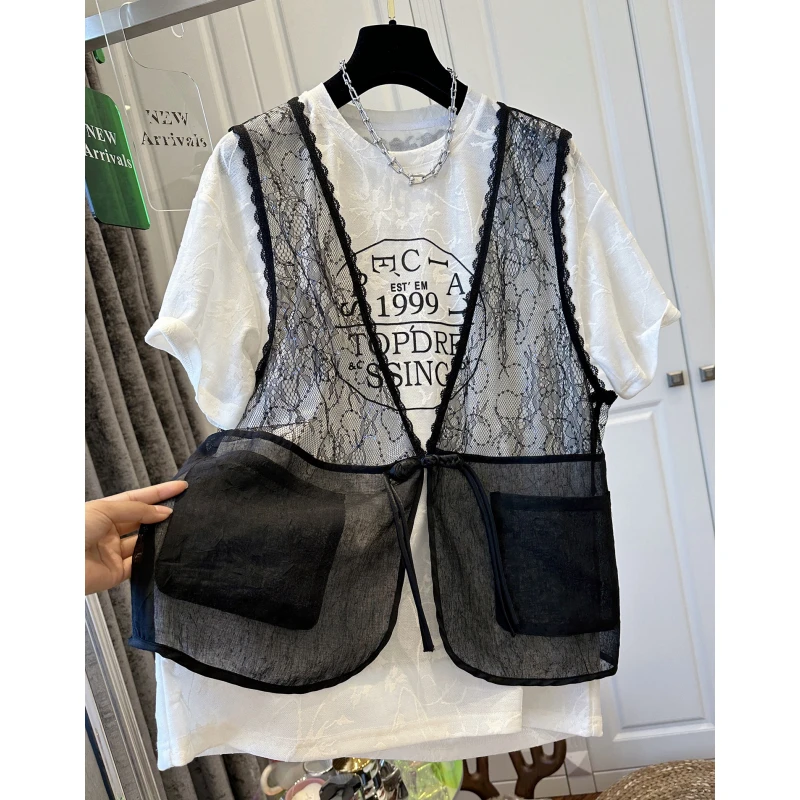 6345新中式盘扣蕾丝背心网纱短袖T恤女两件套独特时尚上衣夏新款